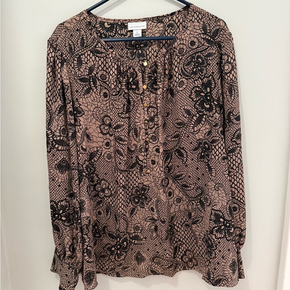 Liz Claiborne Black and Tan Floral Lace Blouse